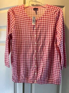 Talbots Pink and White Gingham Button-Front Cardigan NWT
